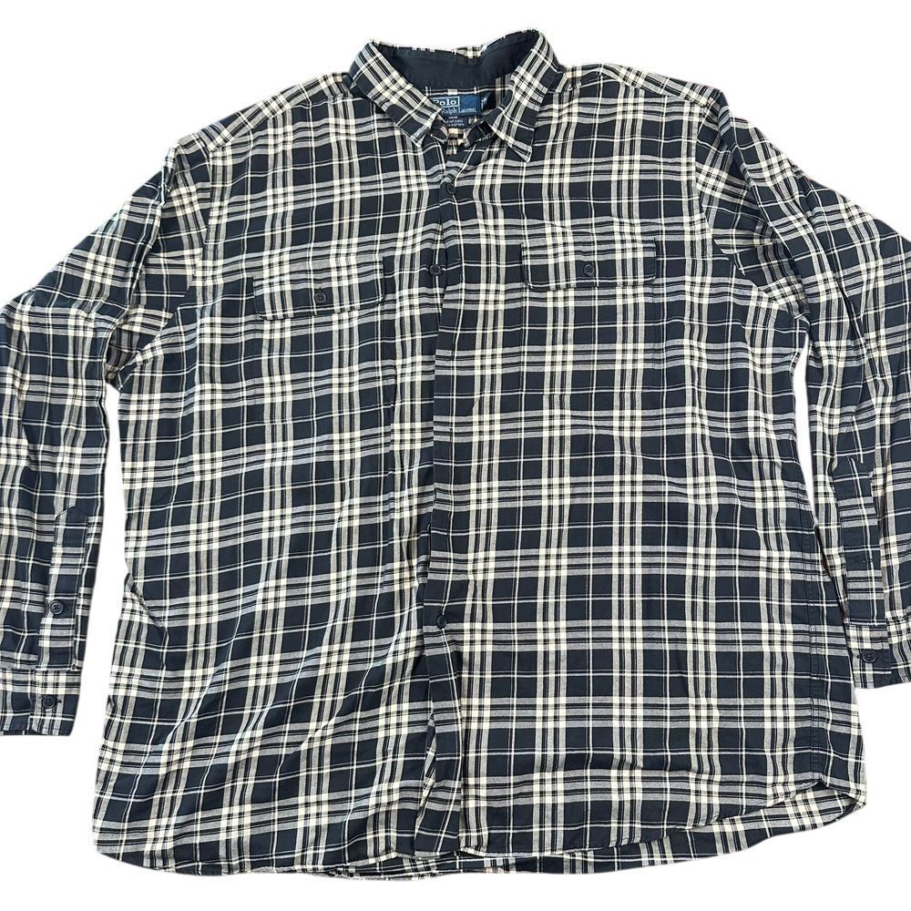 Polo Ralph Lauren Benford Black White Plaid Cotton Button Down Shirt XXL‎